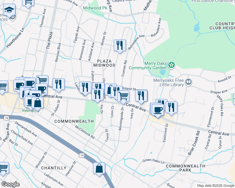 map of restaurants, bars, coffee shops, grocery stores, and more near 1617 Club Road in Charlotte