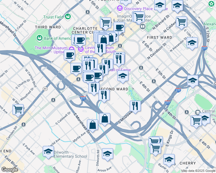 map of restaurants, bars, coffee shops, grocery stores, and more near 530 East Martin Luther King Junior Boulevard in Charlotte