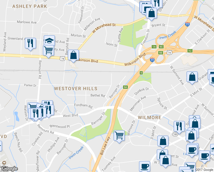 map of restaurants, bars, coffee shops, grocery stores, and more near 1135 Skyview Road in Charlotte