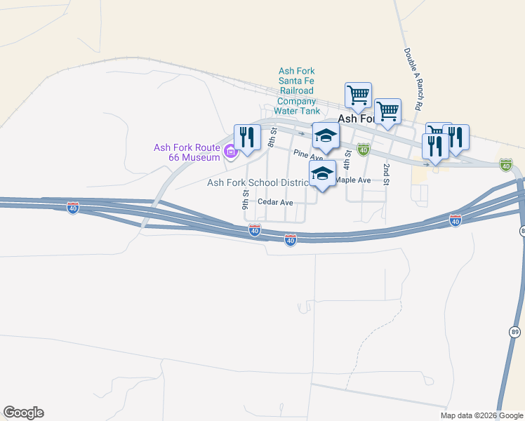 map of restaurants, bars, coffee shops, grocery stores, and more near 46803 8th Street in Ash Fork