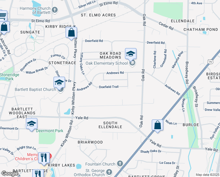 map of restaurants, bars, coffee shops, grocery stores, and more near 6967 Doefield Trail in Bartlett