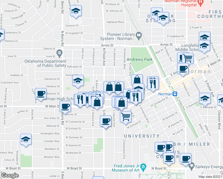 map of restaurants, bars, coffee shops, grocery stores, and more near 509 West Tonhawa Street in Norman