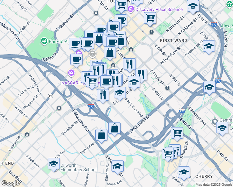 map of restaurants, bars, coffee shops, grocery stores, and more near 520 East Martin Luther King Junior Boulevard in Charlotte