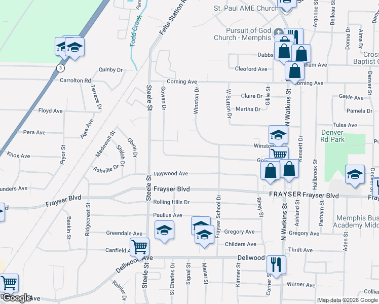 map of restaurants, bars, coffee shops, grocery stores, and more near 1551 Gowan Drive in Memphis