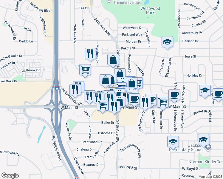 map of restaurants, bars, coffee shops, grocery stores, and more near 2417 West Main Street in Norman