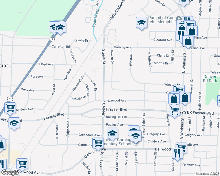 map of restaurants, bars, coffee shops, grocery stores, and more near 1497 Gowan Drive in Memphis