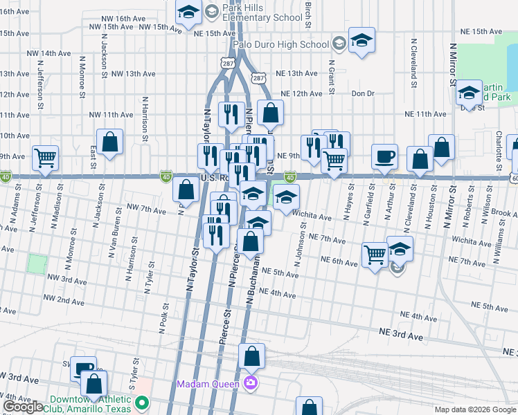 map of restaurants, bars, coffee shops, grocery stores, and more near 706 North Buchanan Street in Amarillo
