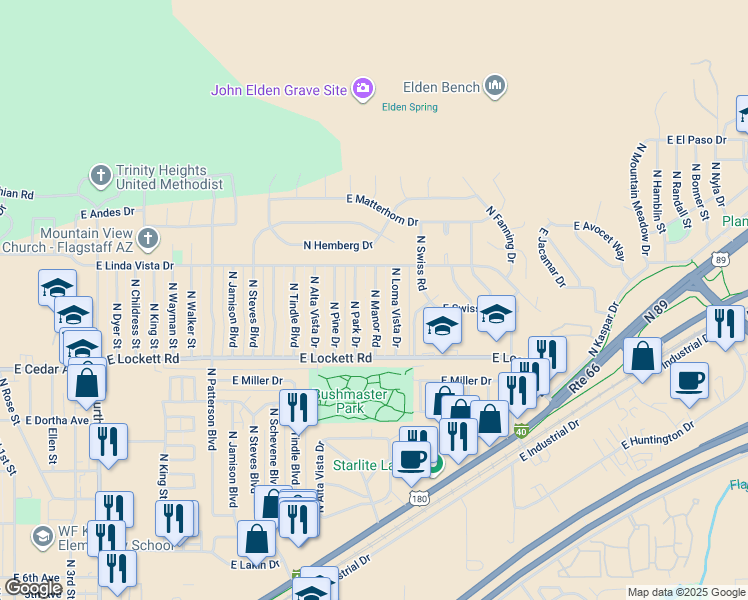 map of restaurants, bars, coffee shops, grocery stores, and more near 3450 North Manor Road in Flagstaff