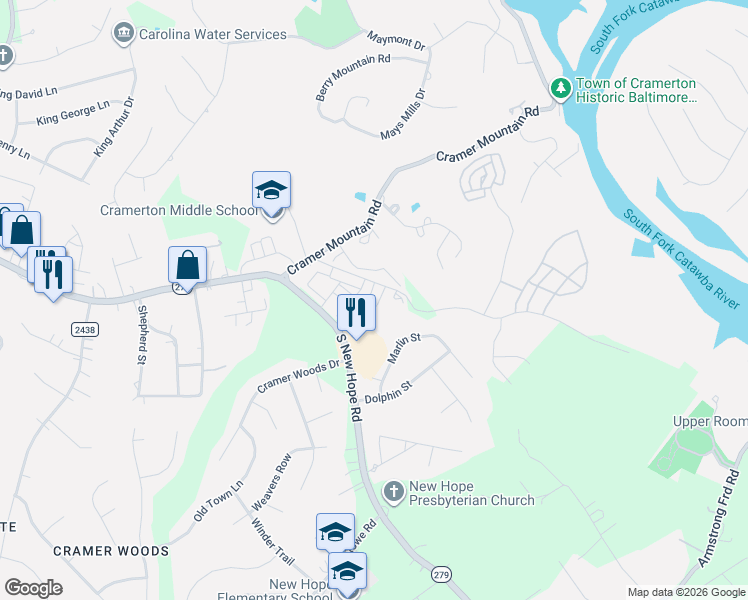 map of restaurants, bars, coffee shops, grocery stores, and more near 4241 South New Hope Road in Gastonia