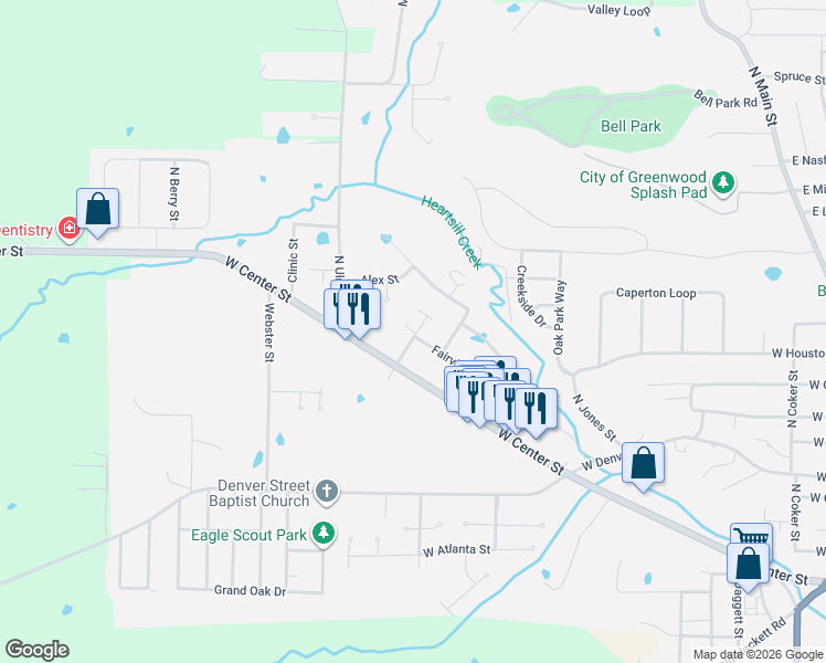 map of restaurants, bars, coffee shops, grocery stores, and more near 1200 West Center Street in Greenwood