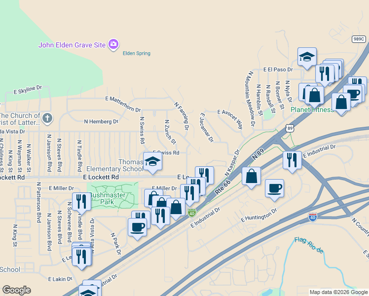 map of restaurants, bars, coffee shops, grocery stores, and more near 3850 North Fanning Drive in Flagstaff