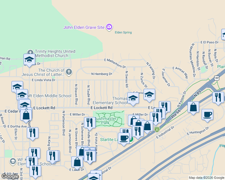 map of restaurants, bars, coffee shops, grocery stores, and more near 3450 North Manor Road in Flagstaff