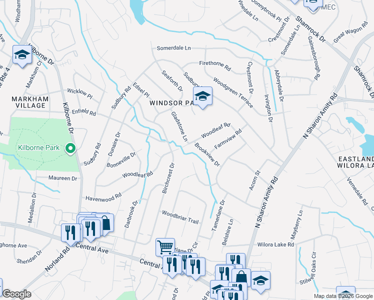 map of restaurants, bars, coffee shops, grocery stores, and more near 4004 Larkspur Lane in Charlotte