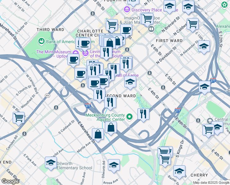 map of restaurants, bars, coffee shops, grocery stores, and more near in Charlotte