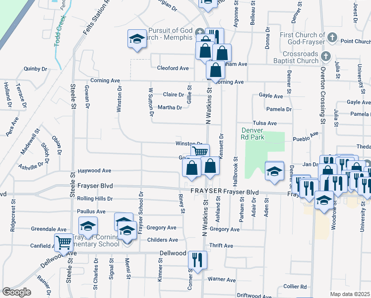 map of restaurants, bars, coffee shops, grocery stores, and more near 1774 Gowan Drive in Memphis