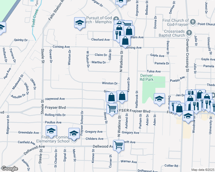 map of restaurants, bars, coffee shops, grocery stores, and more near 1774 Gowan Drive in Memphis