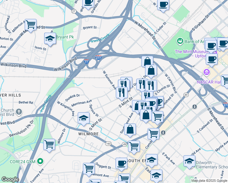 map of restaurants, bars, coffee shops, grocery stores, and more near 511 West Summit Avenue in Charlotte