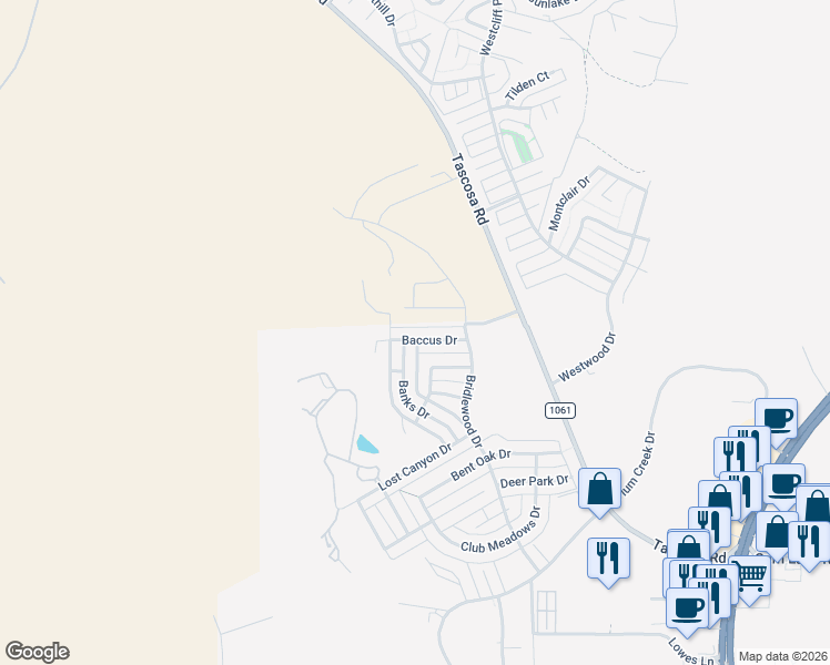 map of restaurants, bars, coffee shops, grocery stores, and more near 6818 Baccus Drive in Amarillo