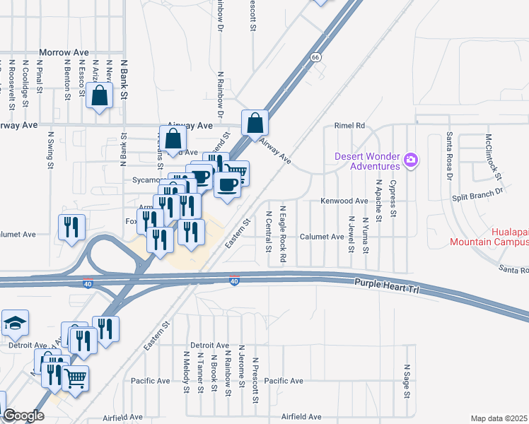 map of restaurants, bars, coffee shops, grocery stores, and more near 3301 North Central Street in Kingman