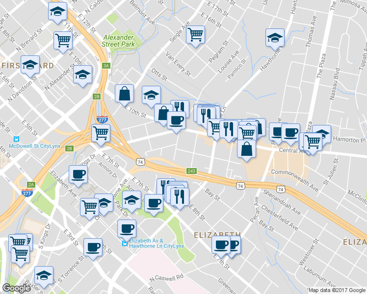 map of restaurants, bars, coffee shops, grocery stores, and more near 1513 Sunnyside Ave in Charlotte