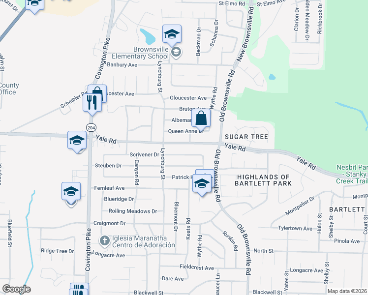 map of restaurants, bars, coffee shops, grocery stores, and more near 5322 Scrivener Drive in Bartlett