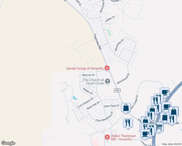 map of restaurants, bars, coffee shops, grocery stores, and more near 6808 Baccus Drive in Amarillo