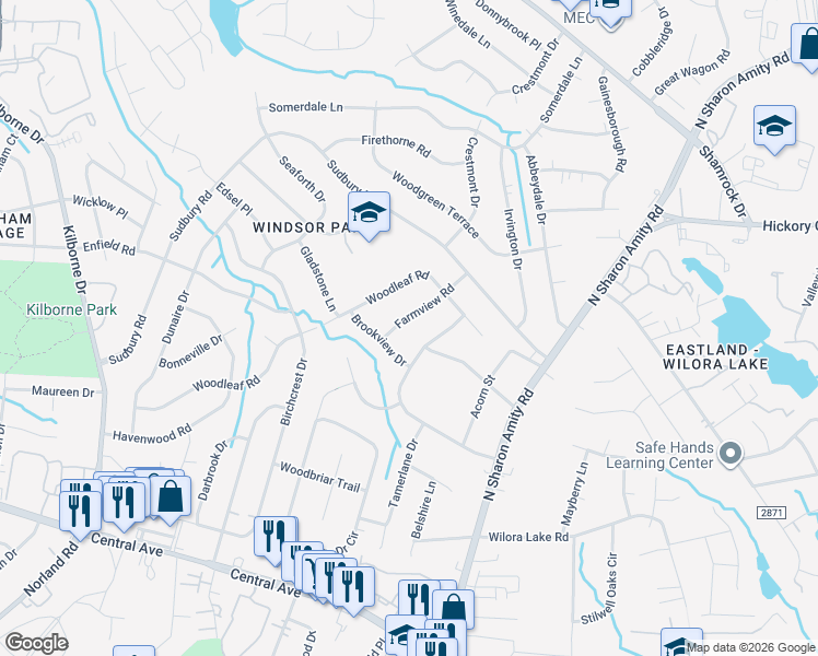 map of restaurants, bars, coffee shops, grocery stores, and more near 5024 Auburndale Road in Charlotte