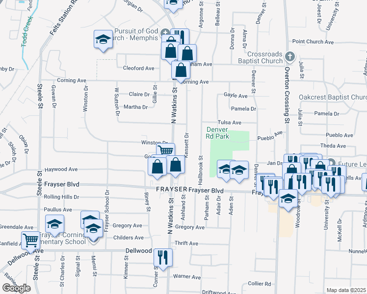 map of restaurants, bars, coffee shops, grocery stores, and more near 3458 North Watkins Street in Memphis