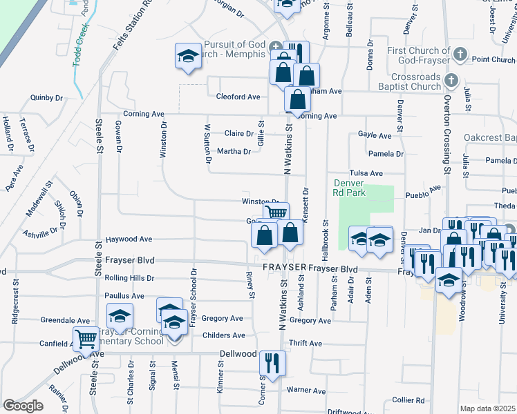 map of restaurants, bars, coffee shops, grocery stores, and more near 1774 Gowan Drive in Memphis