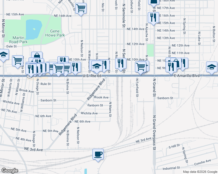 map of restaurants, bars, coffee shops, grocery stores, and more near 2922-2998 North Marrs Street in Amarillo