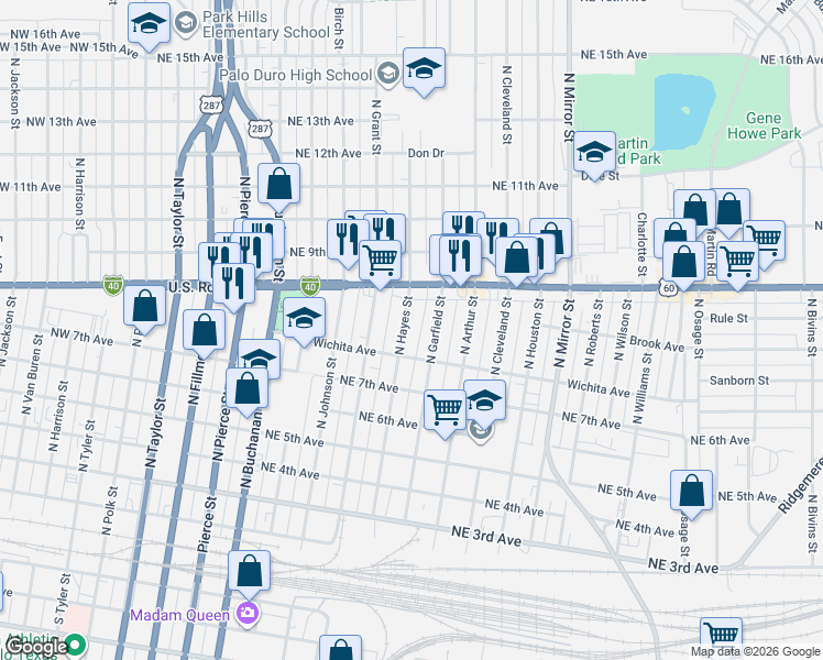map of restaurants, bars, coffee shops, grocery stores, and more near 713 N Hayes St in Amarillo