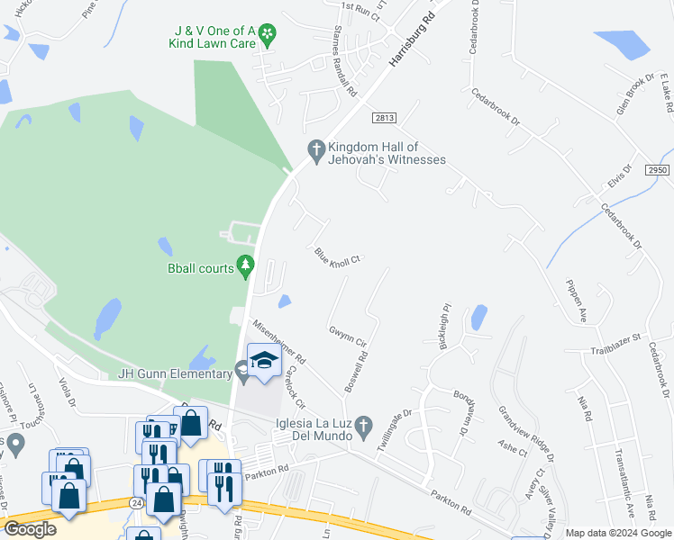 map of restaurants, bars, coffee shops, grocery stores, and more near 7617 Gwynne Hill Road in Charlotte
