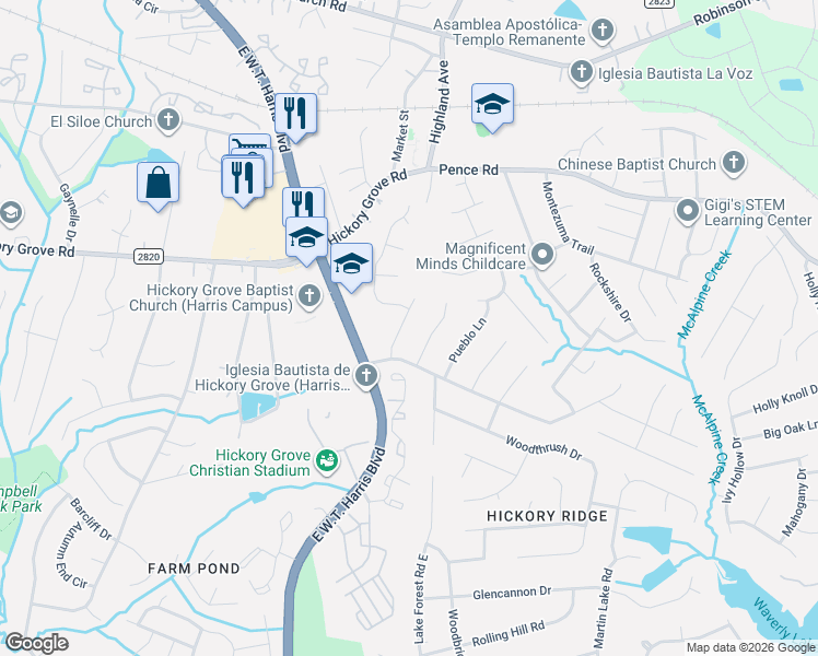 map of restaurants, bars, coffee shops, grocery stores, and more near 6615 Woodwedge Drive in Charlotte