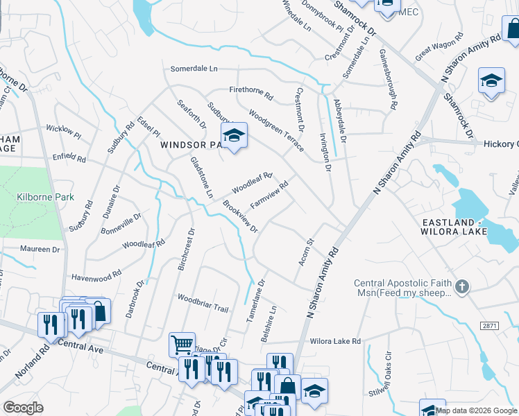 map of restaurants, bars, coffee shops, grocery stores, and more near 5024 Auburndale Road in Charlotte