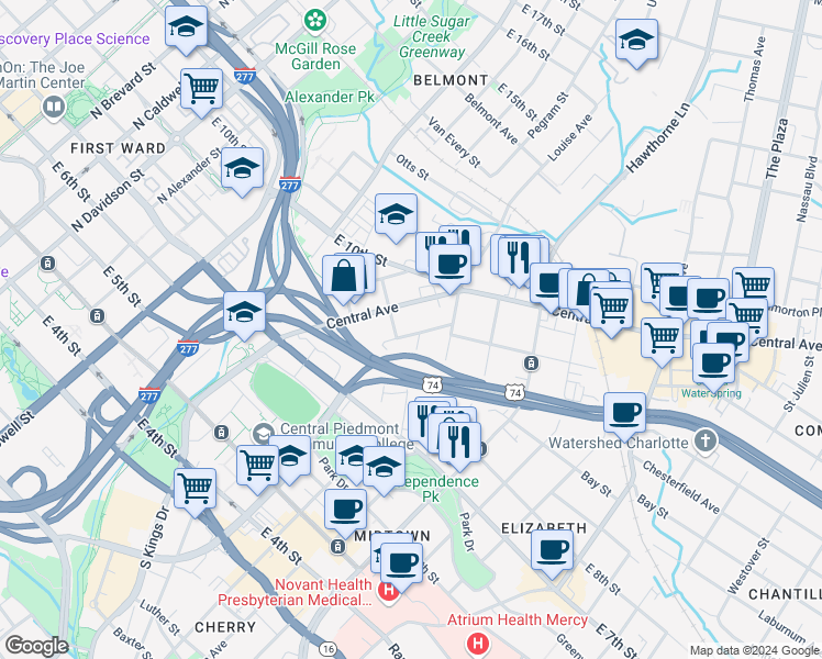 map of restaurants, bars, coffee shops, grocery stores, and more near 528 Beaumont Avenue in Charlotte
