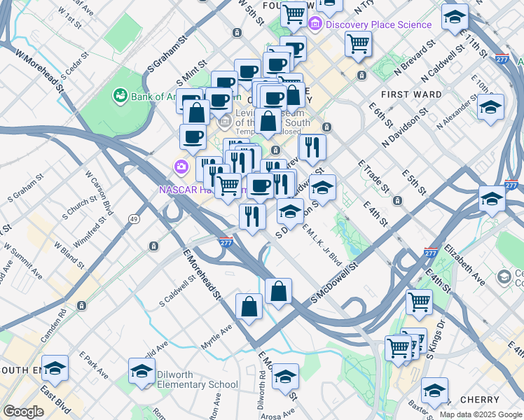 map of restaurants, bars, coffee shops, grocery stores, and more near 501 South Caldwell Street in Charlotte
