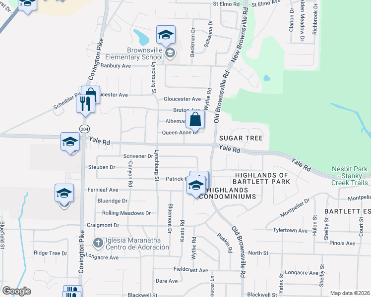 map of restaurants, bars, coffee shops, grocery stores, and more near 5322 Scrivener Drive in Bartlett