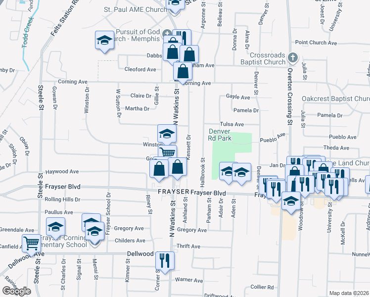 map of restaurants, bars, coffee shops, grocery stores, and more near 3458 North Watkins Street in Memphis