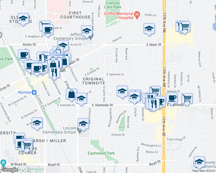 map of restaurants, bars, coffee shops, grocery stores, and more near 523 South Carter Avenue in Norman