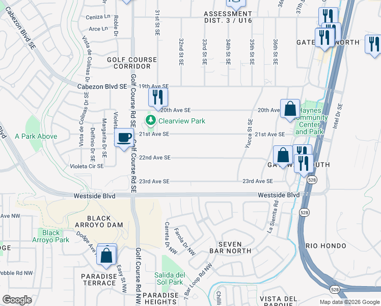 map of restaurants, bars, coffee shops, grocery stores, and more near 3204 22nd Avenue Southeast in Rio Rancho