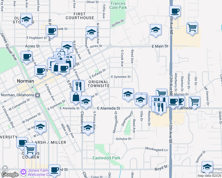 map of restaurants, bars, coffee shops, grocery stores, and more near 507 East Carter Street in Norman