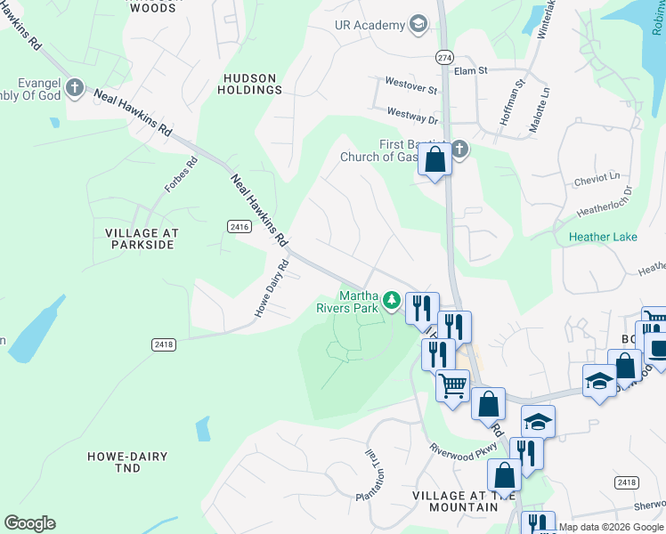 map of restaurants, bars, coffee shops, grocery stores, and more near 1416 Neal Hawkins Road in Gastonia