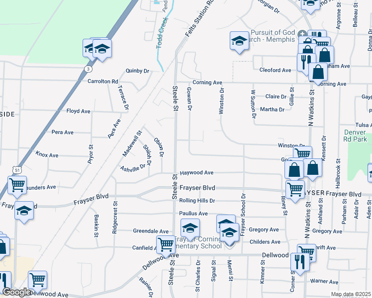 map of restaurants, bars, coffee shops, grocery stores, and more near 1497 Gowan Drive in Memphis