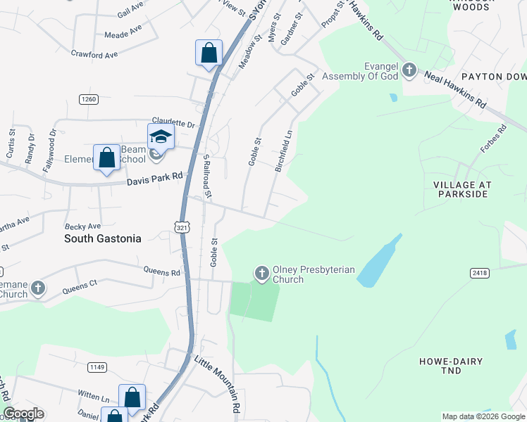map of restaurants, bars, coffee shops, grocery stores, and more near 309 Huffman Road in Gastonia