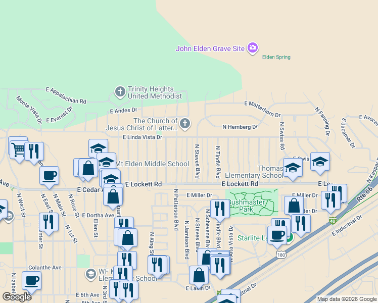 map of restaurants, bars, coffee shops, grocery stores, and more near 3450 North Jamison Boulevard in Flagstaff