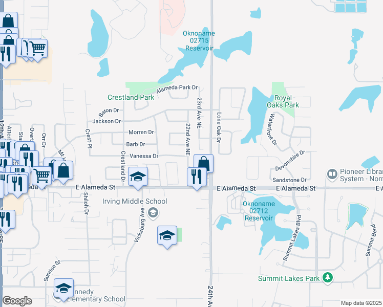 map of restaurants, bars, coffee shops, grocery stores, and more near 201 22nd Avenue Northeast in Norman