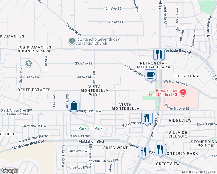 map of restaurants, bars, coffee shops, grocery stores, and more near 1620 22nd Avenue Southeast in Rio Rancho
