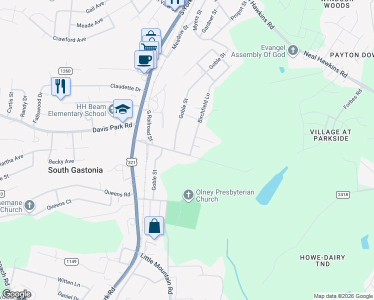 map of restaurants, bars, coffee shops, grocery stores, and more near 309 Huffman Road in Gastonia