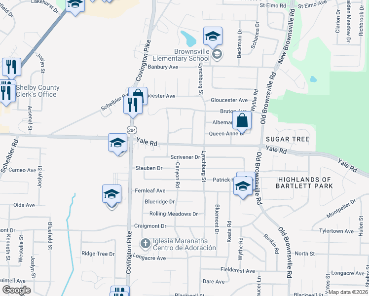 map of restaurants, bars, coffee shops, grocery stores, and more near 5227 Scrivener Drive in Memphis