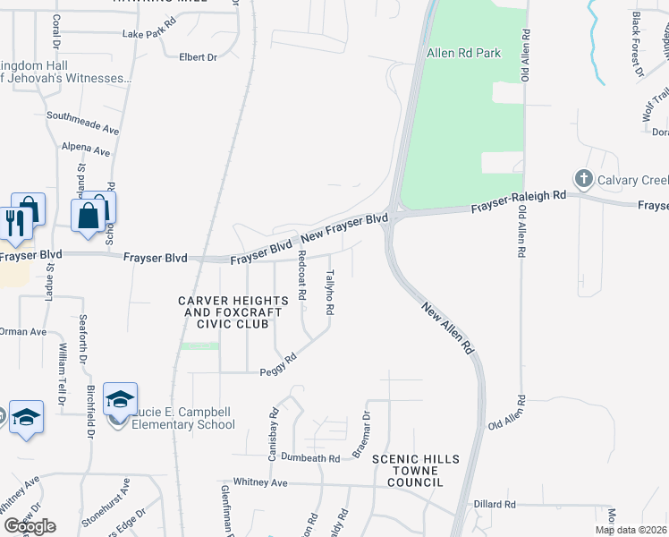map of restaurants, bars, coffee shops, grocery stores, and more near 3468 Tallyho Road in Memphis